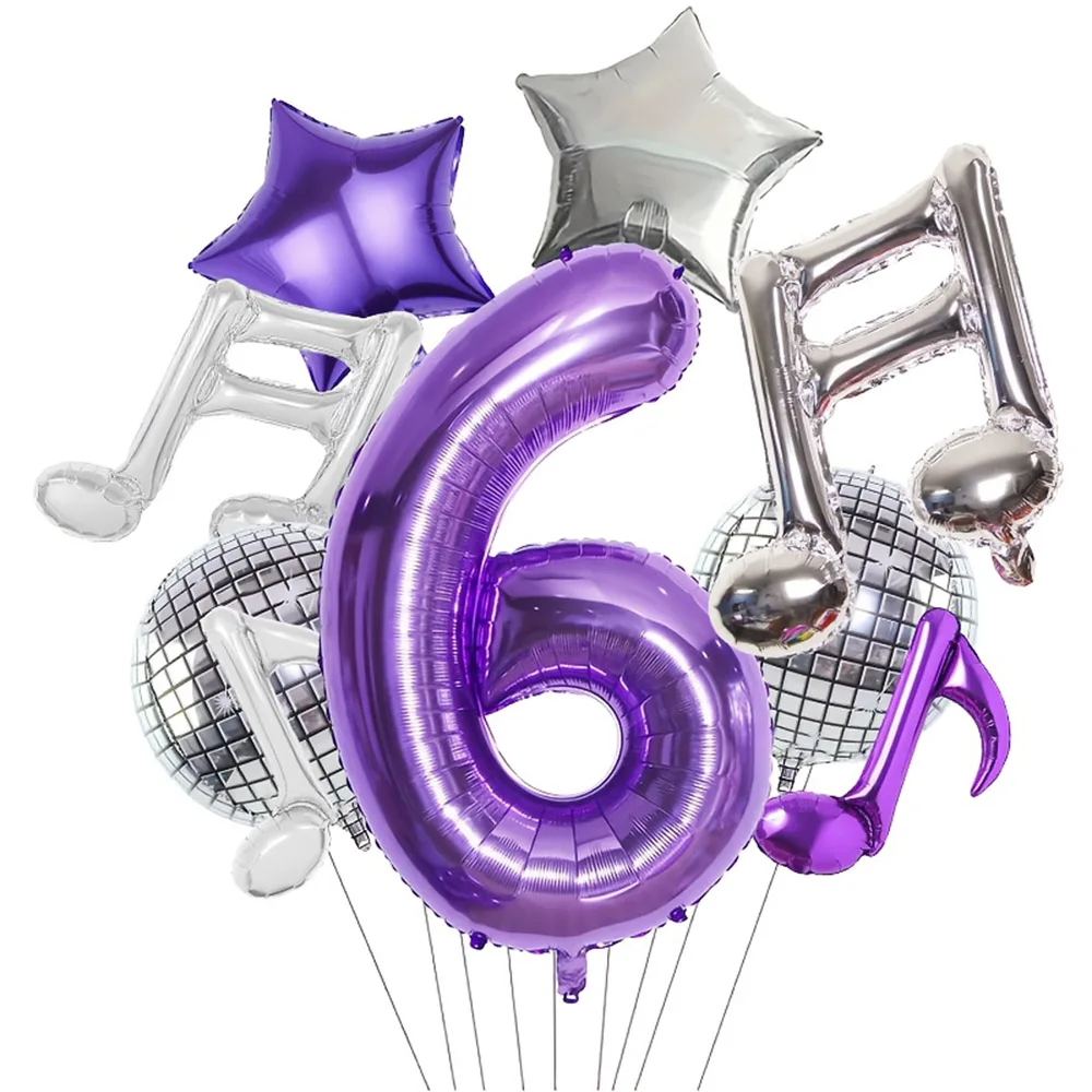 9-teiliges Pop-Musik-Party-Ballonset, 32 Zoll Lila Digitalzahlen 0-9 & Disco 4D Ballon & Silber-Lila Musiknoten & Stern-Ballons – Detail 6