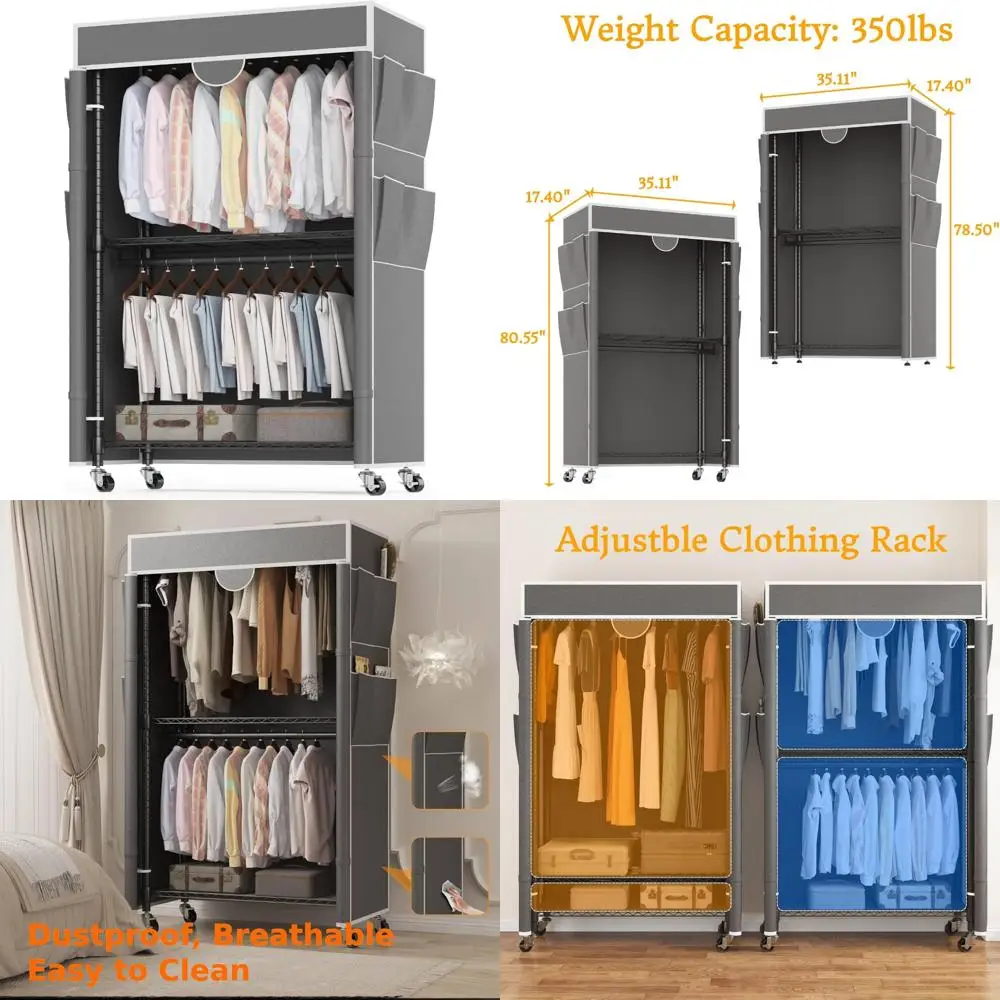 

Heavy-Duty Portable Double Rod Garment Rack for Hanging Clothes with Cover, Ideal for Wardrobe Storage Solutions