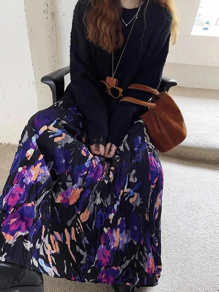 

Vintage Floral Pleated High Waisted Printed Skirt Temperament Jupe Faldas Vintage Long Skirts For Women Harajuku Goth Skirt