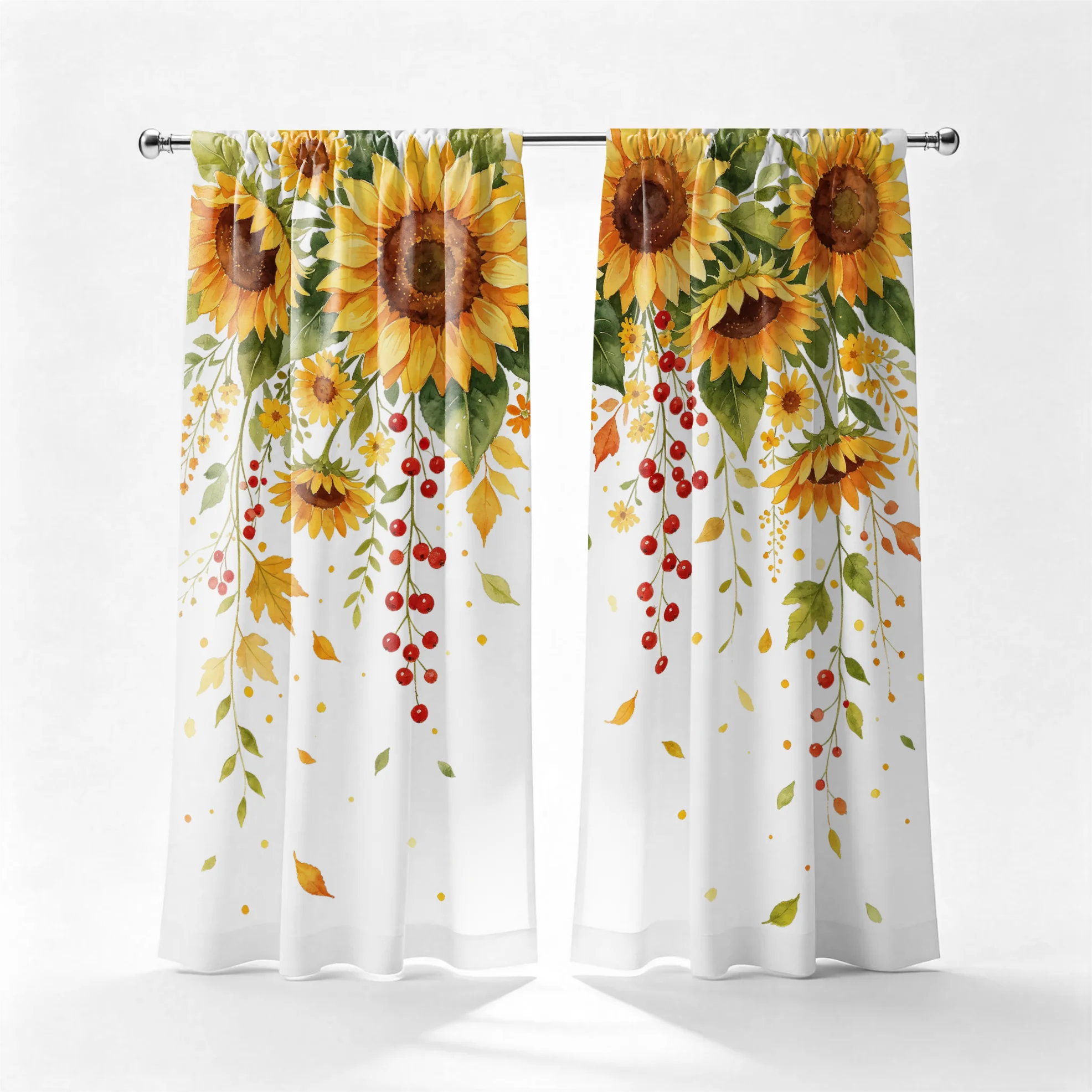 2PCS Red Berry Sunflower Curtains, Autumn Floral Print, Fall Window Drapes for Living Room Bedroom Home Decoration