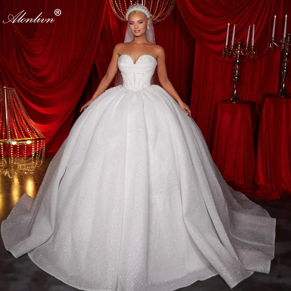 Alonlivn Customize Shiny Lace Beading Crystals Ball Gown Wedding Dress Off The Shoulder Sweetheart Princess Bridal Skirt