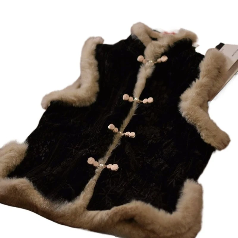 

New Chinese Vest National Style Tang Style Retro Black Velvet Sleeveless Chinese Light Luxury Jacket Vest Winter Cardigan Women