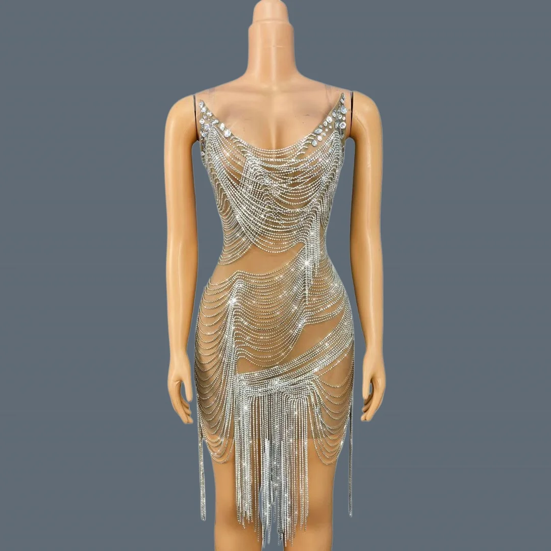 

Women Sparkly Rhinestone Chain Tassel Mesh Short Dress Luxury Birthday Party Event Club Photo Shoot Wear Club Stage Outfit Weiba