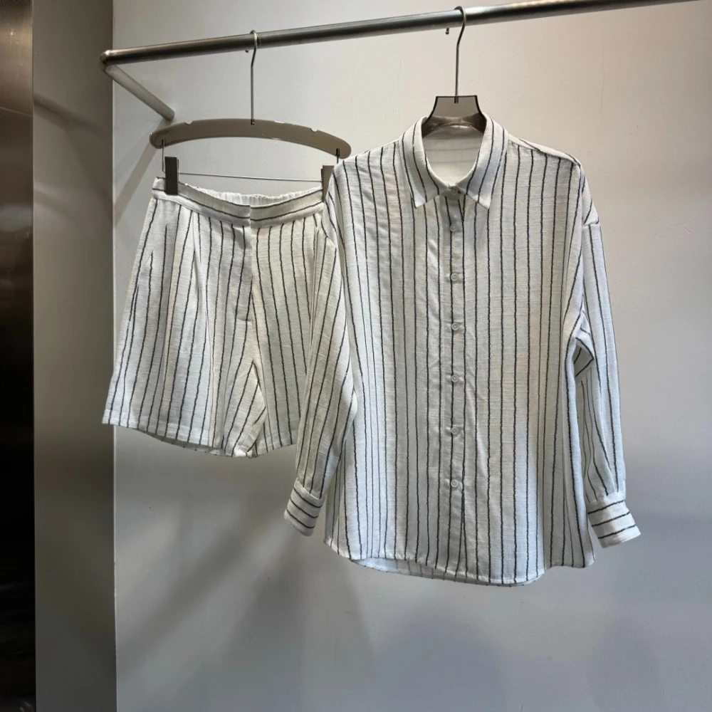 Spring/Summer New Arrival French Style Long-Sleeved Shirt and Shorts Comfortable Striped Shirt and Shorts Two-Piece Set