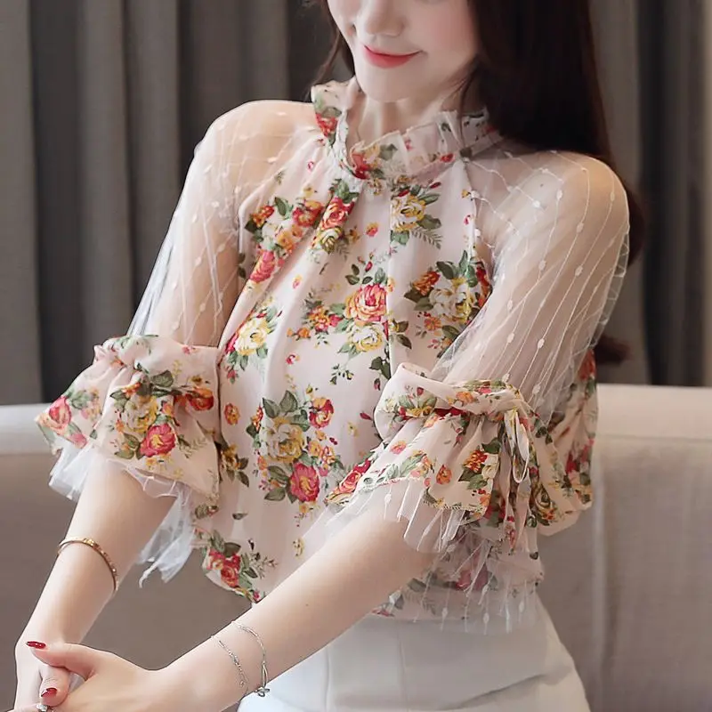 2024 Floral Chiffon Shirt New Summer Women Mesh Stitching Half Sleeve Tops Vintage Blouse Korean Women Shortsleeve T-Shirt 3XL