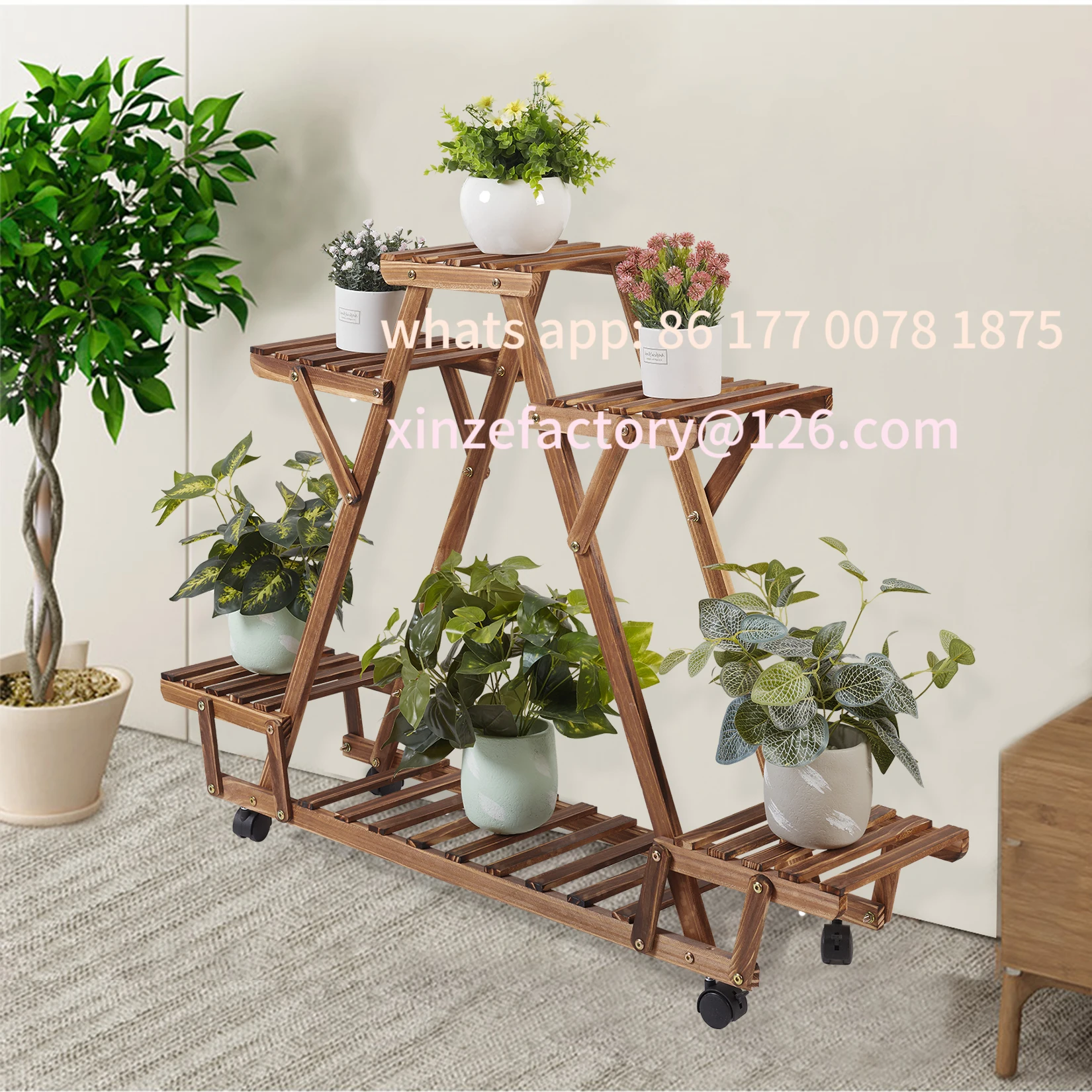 Customizable Triangular Plant Shelf 6 Potted Carbonized Wood Plant Holder Flower Pot Stand Display Storage Rack with Wheels