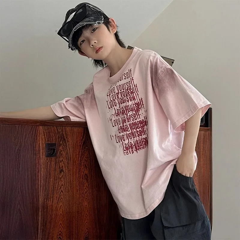 2026 Summer Hong Kong Style Boys' Loose Fit Dyeing Short Sleeve T-Shirt
