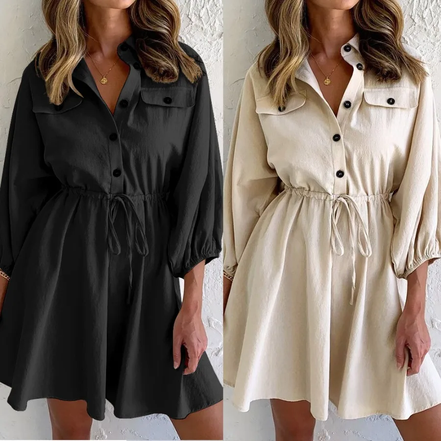 

【New style】2022 spring and summer new lapel single-breasted shirt pocket tether casual dress for women