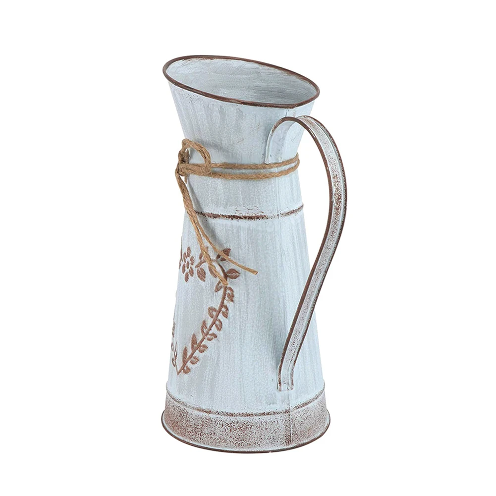 Farmhouse Metal Flower Vase Decorative Galvanized Bouquets Planter with Handle Vintage Kettle Shape Vase for Table Decoration