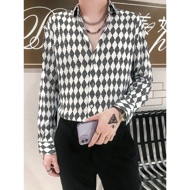 Spring Autumn Fashion Pure Cotton Turn-down Collar Long Sleeve Diamond Check Blouse Men\'s Clothing Trend Button Vintage Shirts