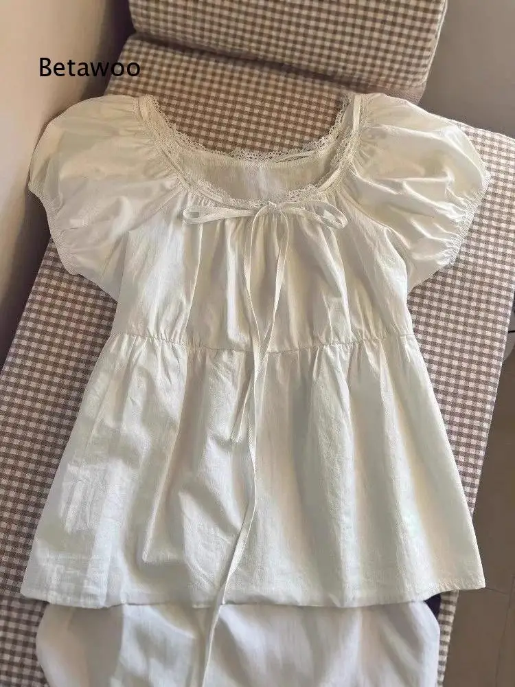 Puff Short Sleeve Lace Trim Peplum Blouse For Women Square Neck Tie Front Top For Gathering And Various Casual Combinations