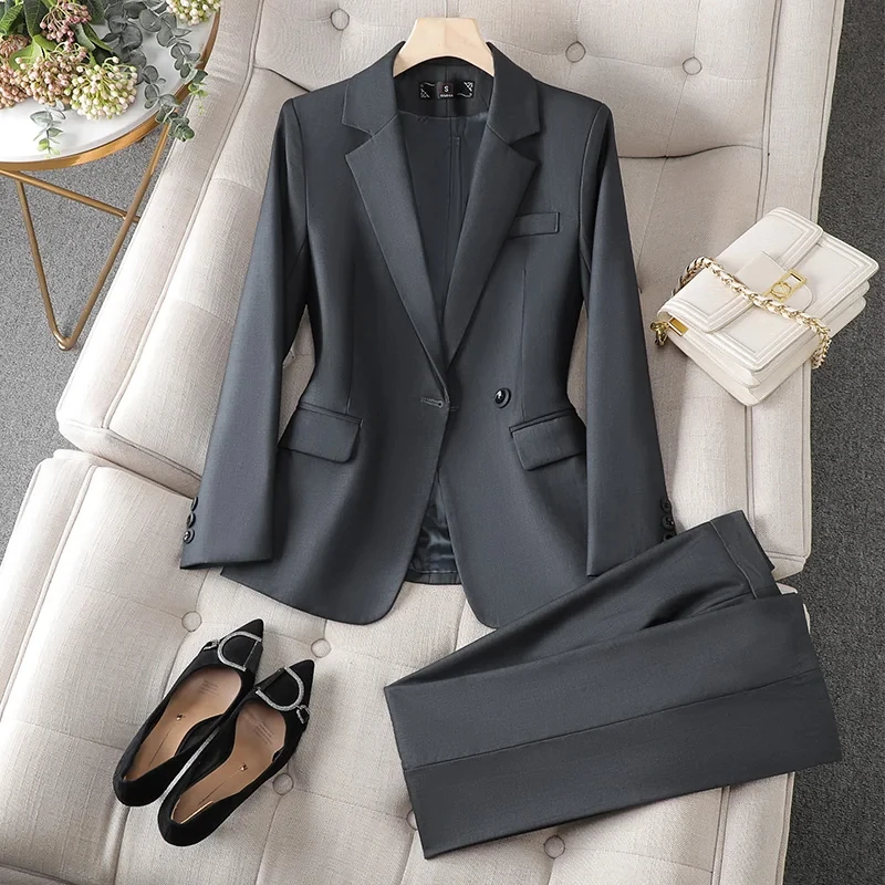 

Gray Suits Women Black Blue Temerament Professional Single Button Office Ladies Slim Blazer Pants Sets Work Wear Female Clothing