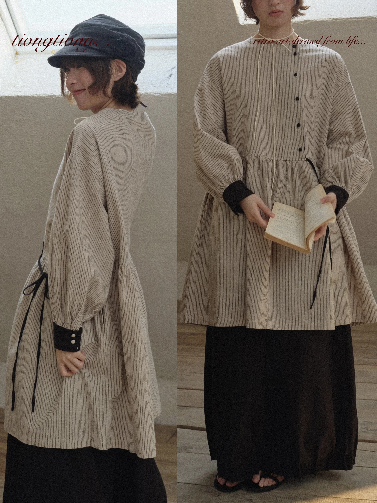 

TONGTIONG Artistic Long Sleeve Cotton Linen Women's Shirt Loose Fit Striped Design Spring Fashionable Top