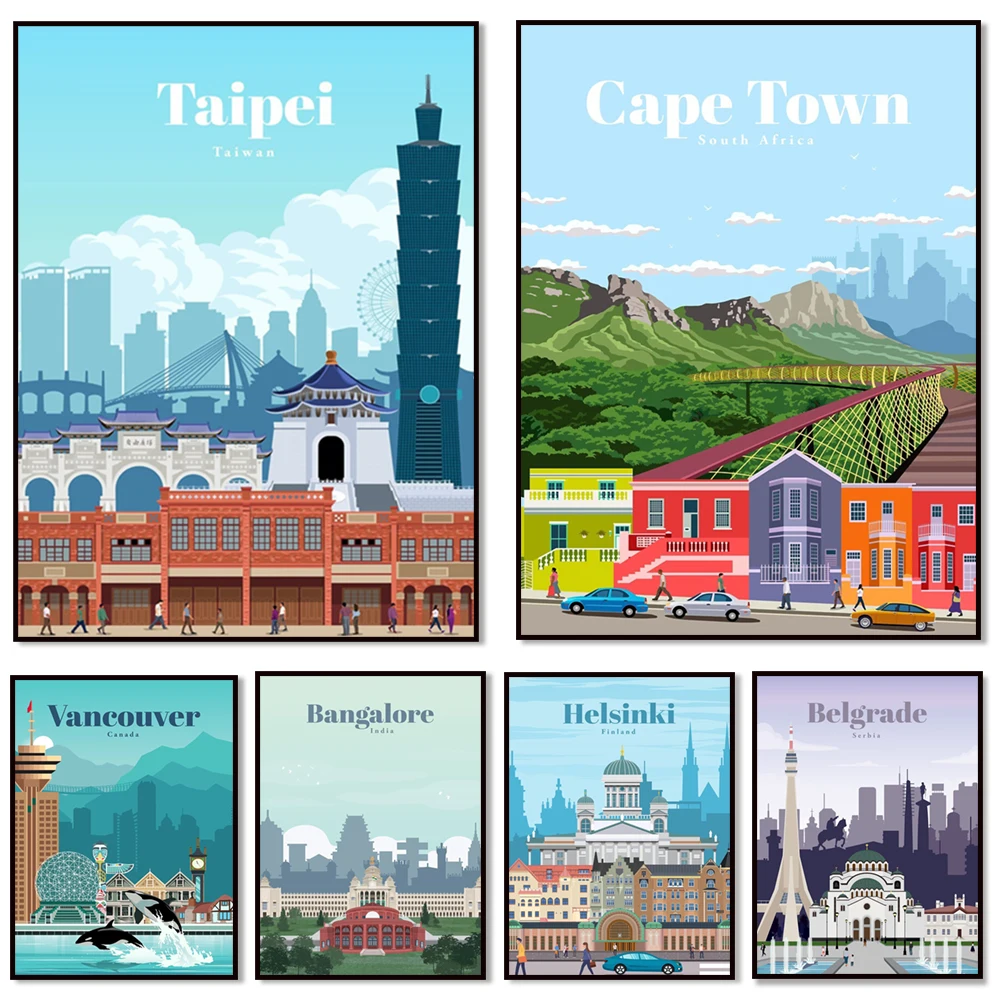 Cape Town, Calgary, Kuala Lumpur, Bangalore, Ljubljana, Helsinki, Belgrade, Rostock, Valletta, New York, Dubai travel posters