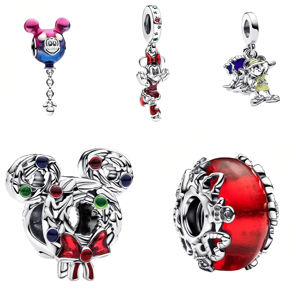 Disney 2025 New Product 925 Silver Mickey Mouse Wreath Charm Suitable for Pandor Bracelet Christmas Jewelry Gift