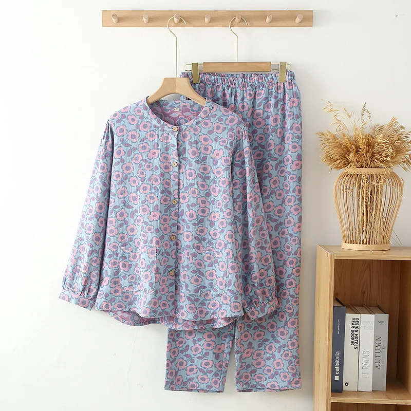 Conjunto de pijama de algodón con estampado de flores para mujer, ropa de casa de manga larga, estilo Retro, Otoño e Invierno