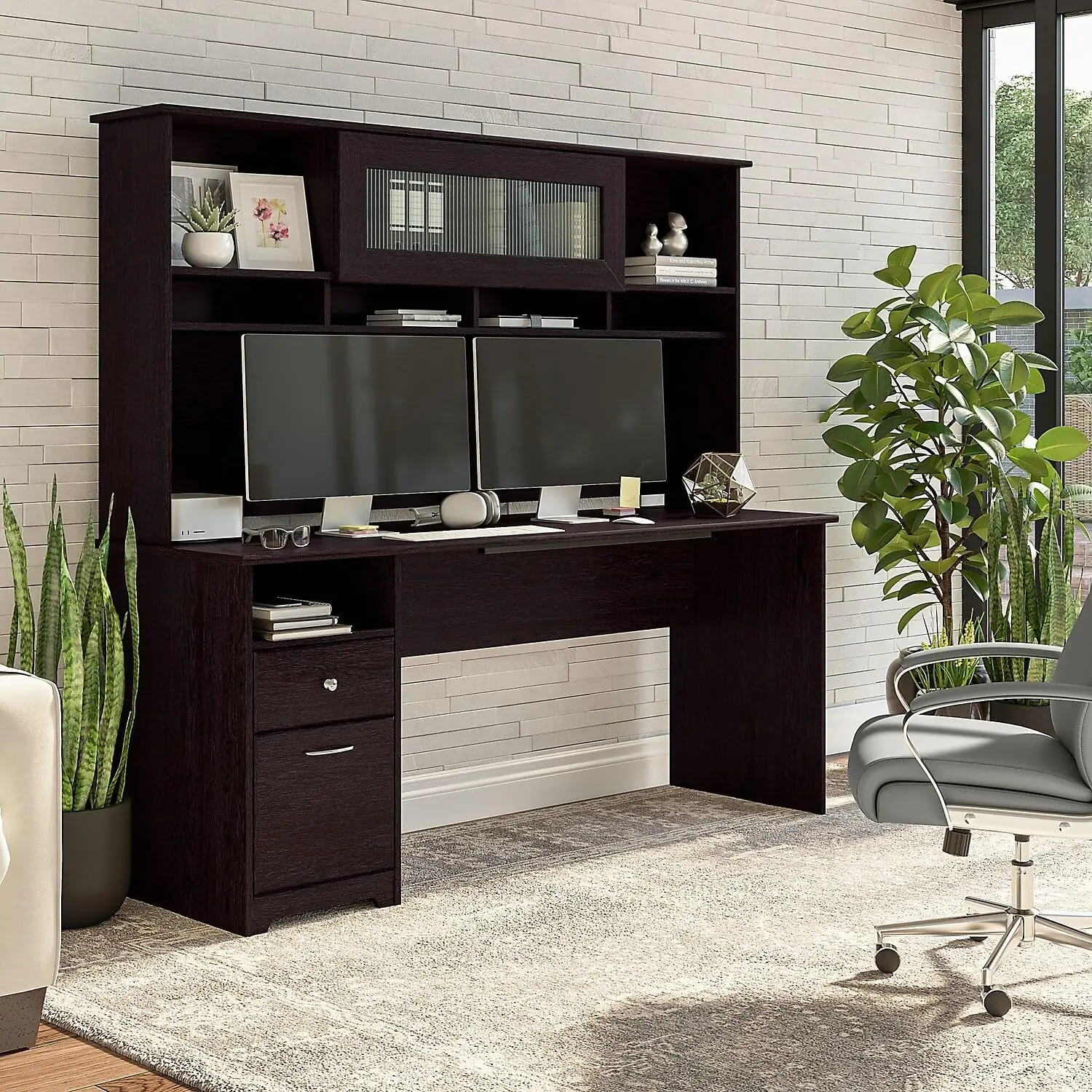 Bush Furniture Cabot 72W Computer Desk With Hutch And Drawers In Espresso Oak