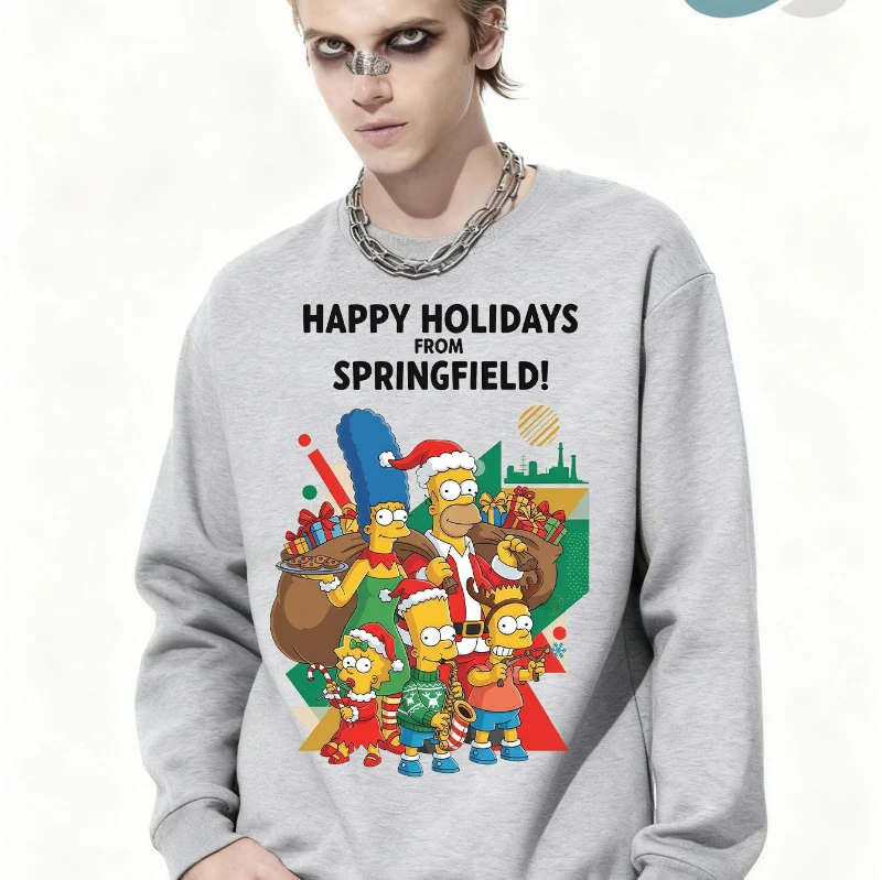 Foto del grupo navideño de Simpson Springfield: sudaderas con capucha de calle impresas con colaboración navideña para hombres y mujeres con collares redondos