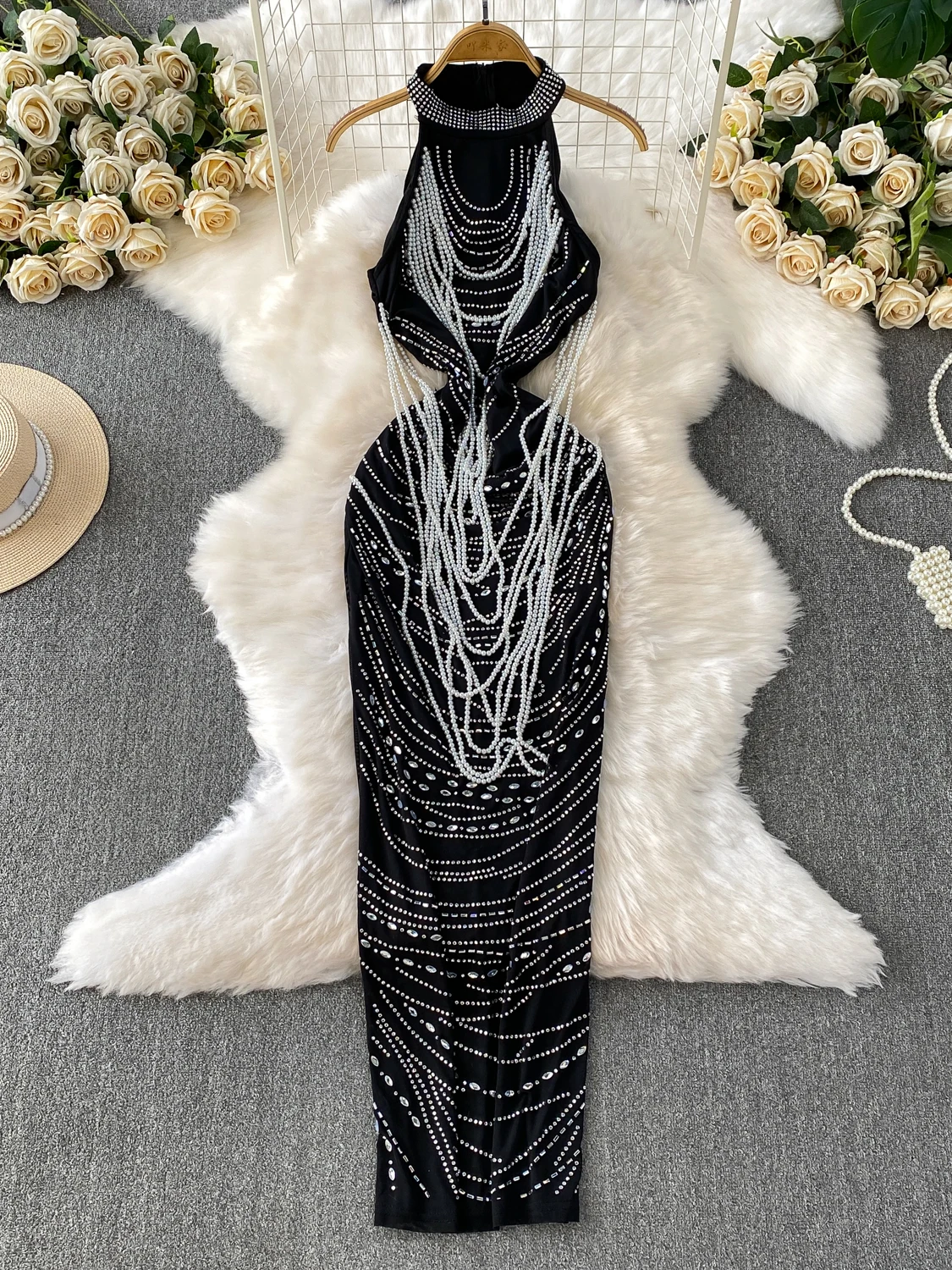 Ele Heavy-Detail Diamond Embelished Off-oulder adelgazante largo Dr para mujer sensación de lujo vestido acampanado de cintura alta