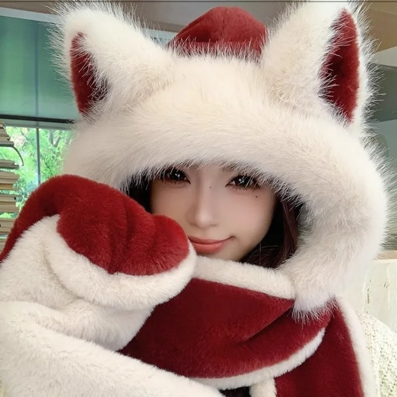 شتاء دافئ آذان الثعلب الأحمر أفخم قبعة وشاح قفازات الخريف والشتاء ركوب الدراجات قبعة الأذن التزلج #4