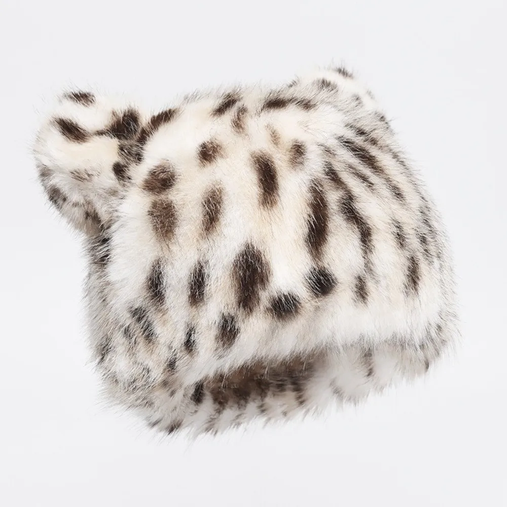 Cute Fluffy Fur Leopard Hat Bear Ear Keep Warm Bucket Hats Tiger Pattern Ear Protection Hats Winter