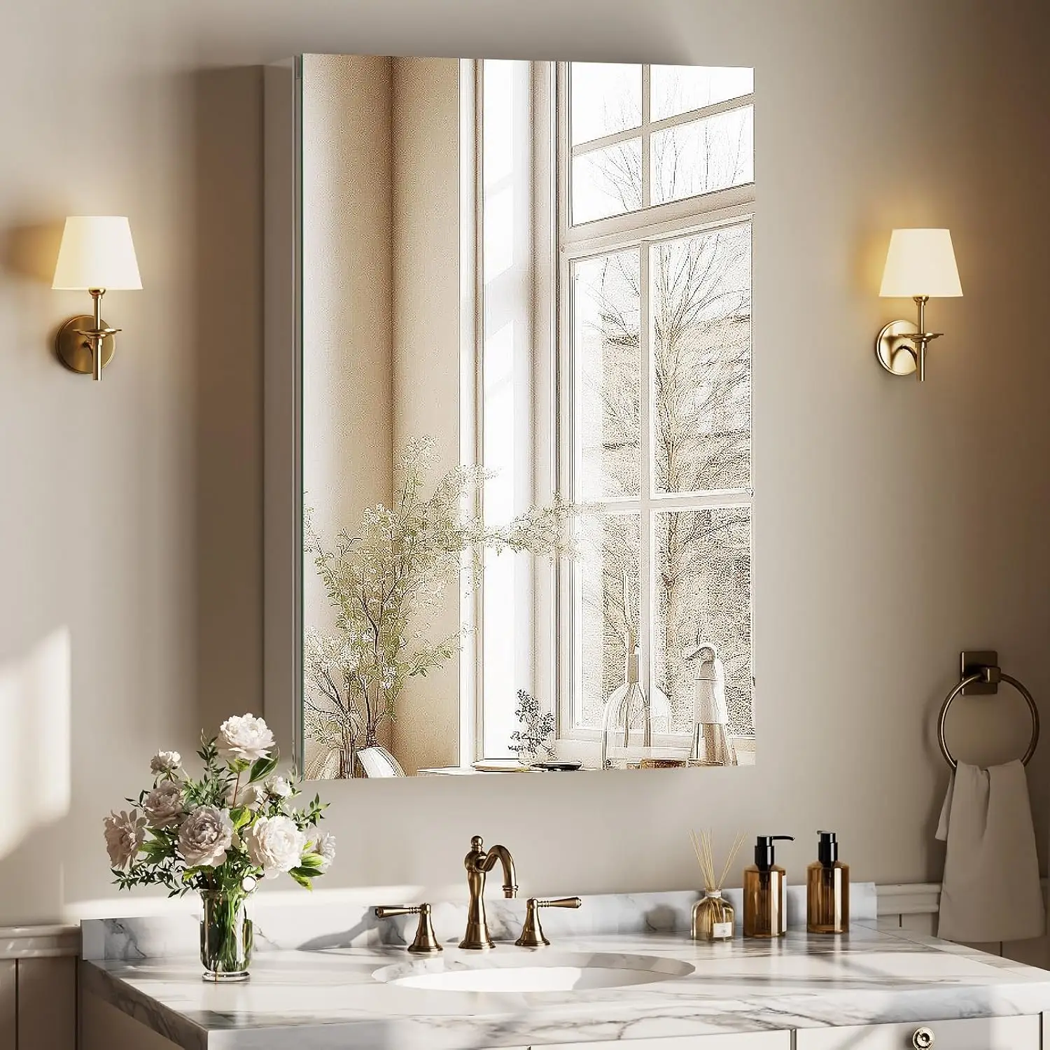 

Аптечка для ванной комнаты с зеркалом, зеркальный шкаф для ванной комнаты 16 x 24 дюйма с одной дверью и регулируемыми полками, поверхность