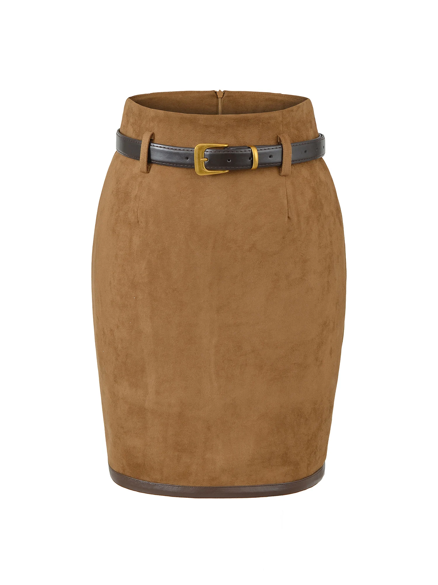 

Юбка-карандаш из замши с высокой талией и разрезом сзади, сексуальная женская юбка до колена, с поясом, из смесового полиэстера, средней эластичности