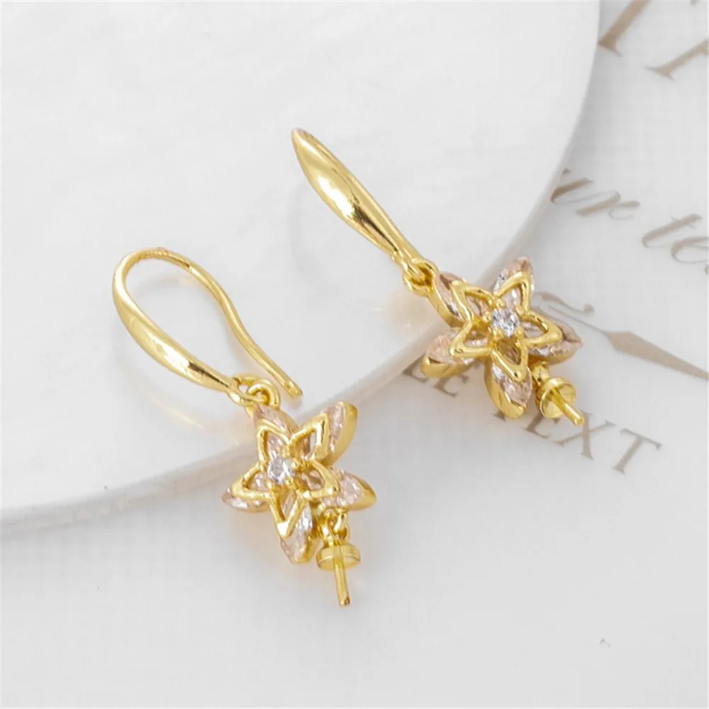 18K Gold Bag Zircon Five-Leaf Flower Belt, Needle Ear Hook, DIY Jewelry Accessories, Earrings Accessories