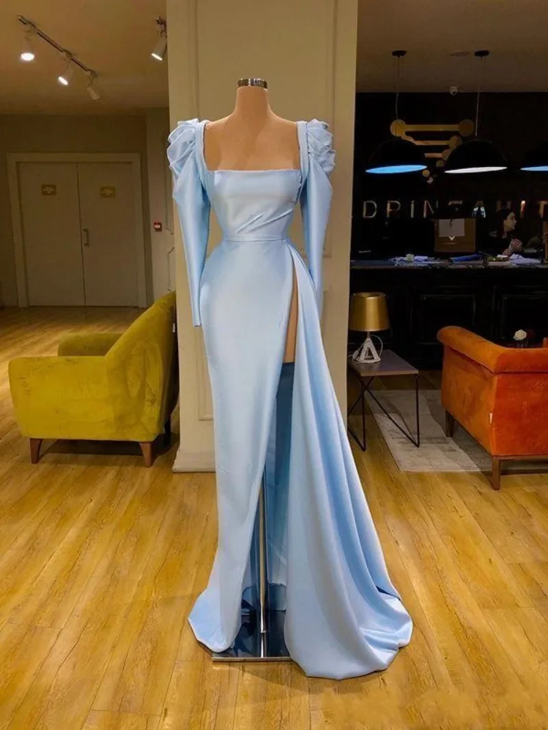 Customized Sweet Light Blue One Shoulder Bridesmaid Dresses Mermaid Long Satin Split Wedding Dress Slim Waist Mixed Styles Vesti