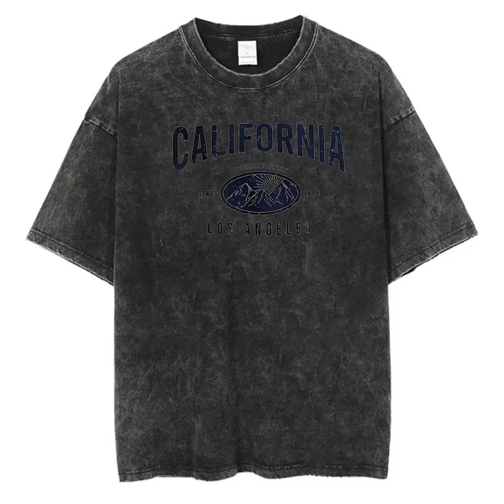 Vintage Washed Cotton T-Shirt Men California Los Angeles 89 Graphic Tee Retro Varsity Style Streetwear Acid Wash Loose Fit Top