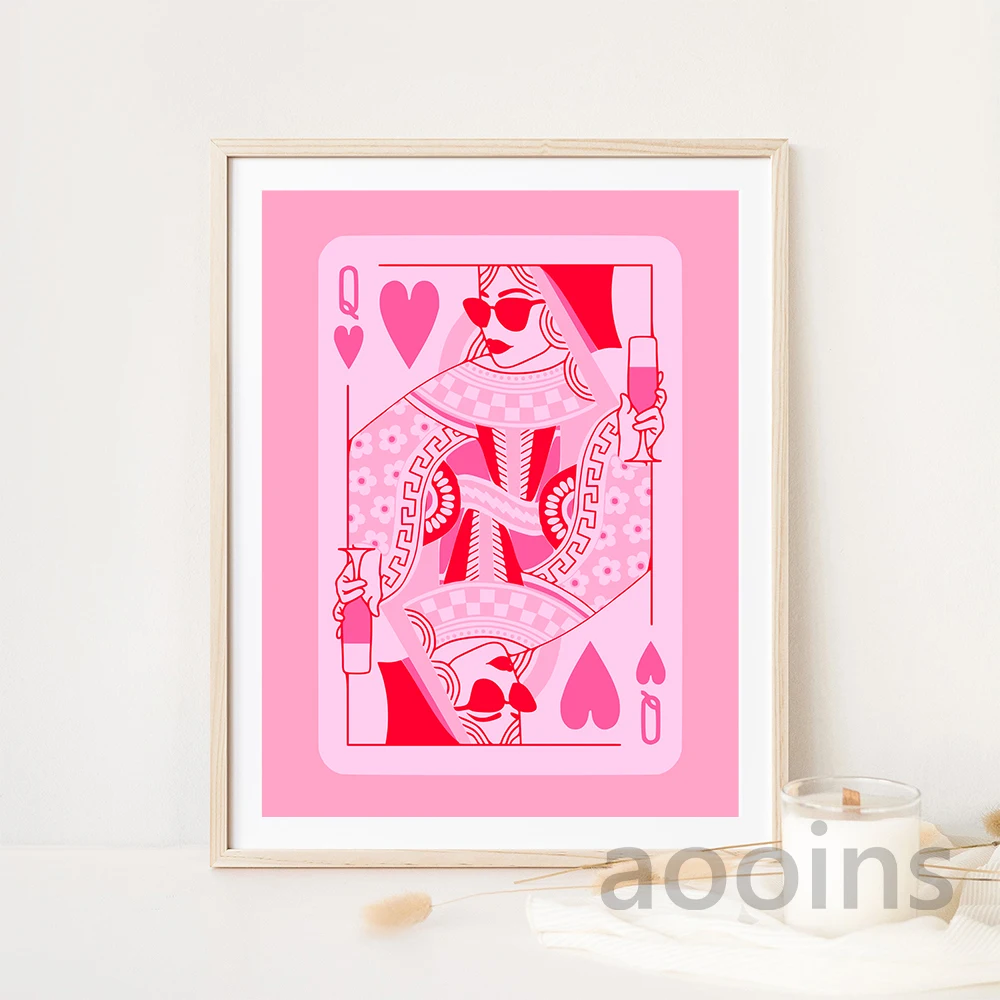 Retro Cocktail Trendy Wall Art Prints Pink Playing Cards Poster Vintage Disco Canvas Painting Preppy Dorm Teens Room Wall Decor