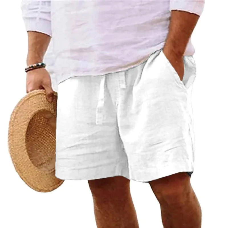 Summer Mens Linen Solid Color Short Lightweight Gym Pants Cotton Beach Shorts Men Fitness Sport Large Breathable Short Homme