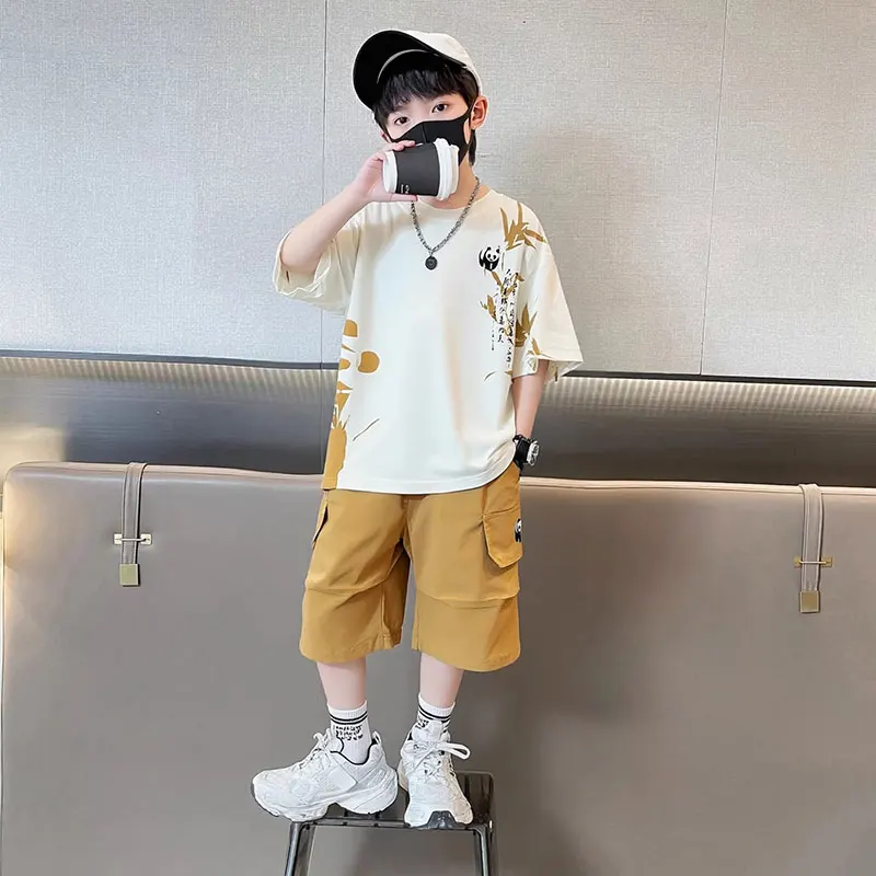 Chinese Style Kids Boy Suit Summer Twopiece Outfit Set With Panda Print T-shirt And Shorts Clothing Set for Children Streetwear
