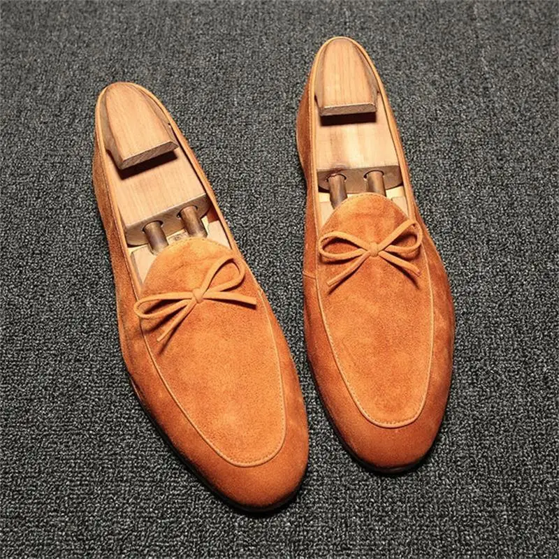 New Men Loafers Green Faux Suede Round Toe Low Heel Small Bow Fashion Business Casual Wedding Party Dress Shoes