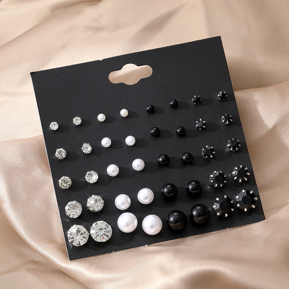 20 Pairs Women Jewelry On Ear Ball Stud Earrings Kit Black Beige Simulated Pearl Earrings Set For Bijouteria Brincos Bijoux