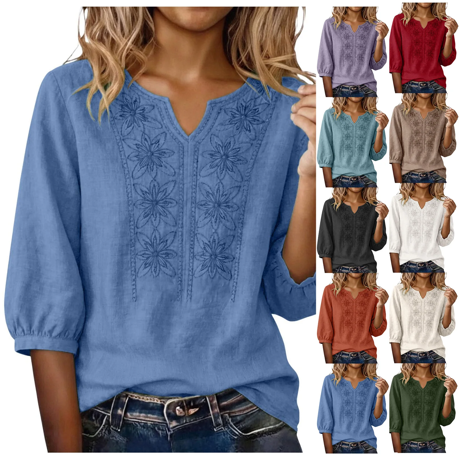 Women Cotton Linen Blouse Floral Embroidered V Neck 3/4 Sleeve Tops Casual Loose Fit Tunic Shirts For Office Vacation Streetwear