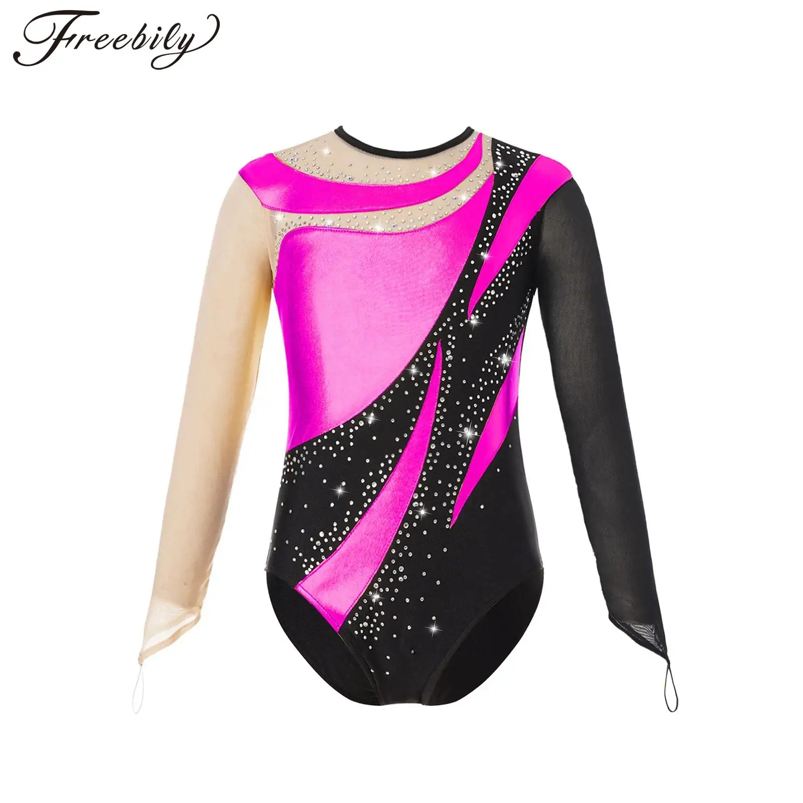 Kinder Meisjes Figuur Schaatsen Bodysuit Ballet Dans Ritmische Gymnastiek Turnpakje Lange Mouw Glanzende Doorschijnende Mesh Jumpsuit Danskleding