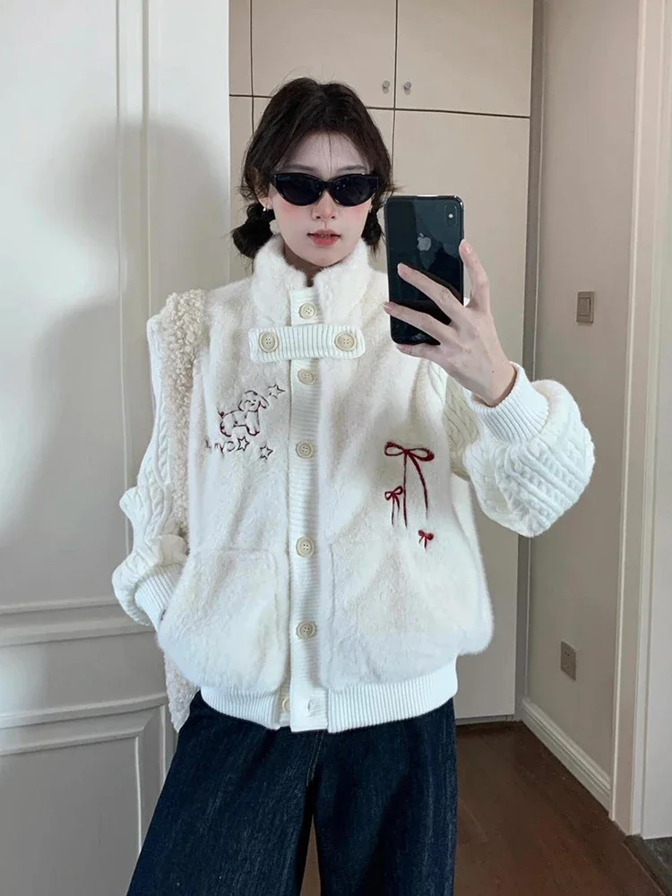 

Cartoon Embroidery Knitted Cardigan Women Korean Sweet Button Patchwork Fashion Sweaters Fall Winter Lazy Wind Loose Chic Tops