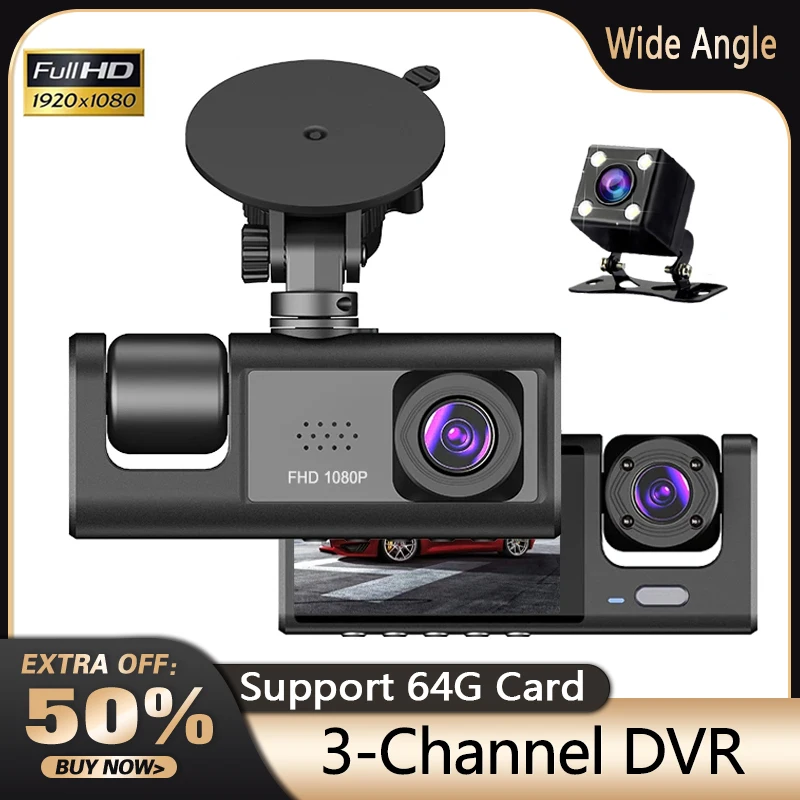 Car DVR 3-Channel Dash Cam FHD 1080P Camera Dual Lens Dashcam Video Recorder 24H Parking Monitor Auto Registrator Camcorder