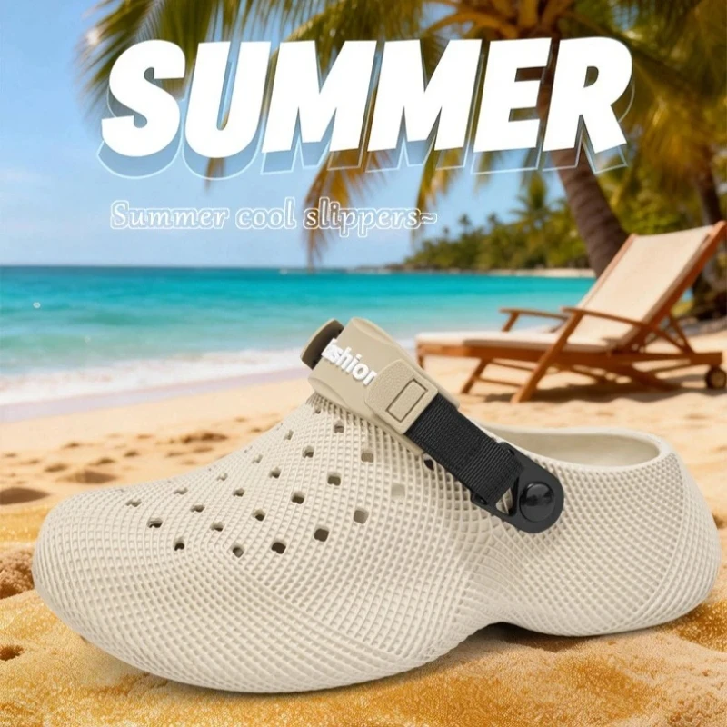 Men Sandals Summer New 3D Grid Pattern Hollow Breathable Toe Hole Shoes for Couples with Thick Soles and A Poop Like Beach Feel