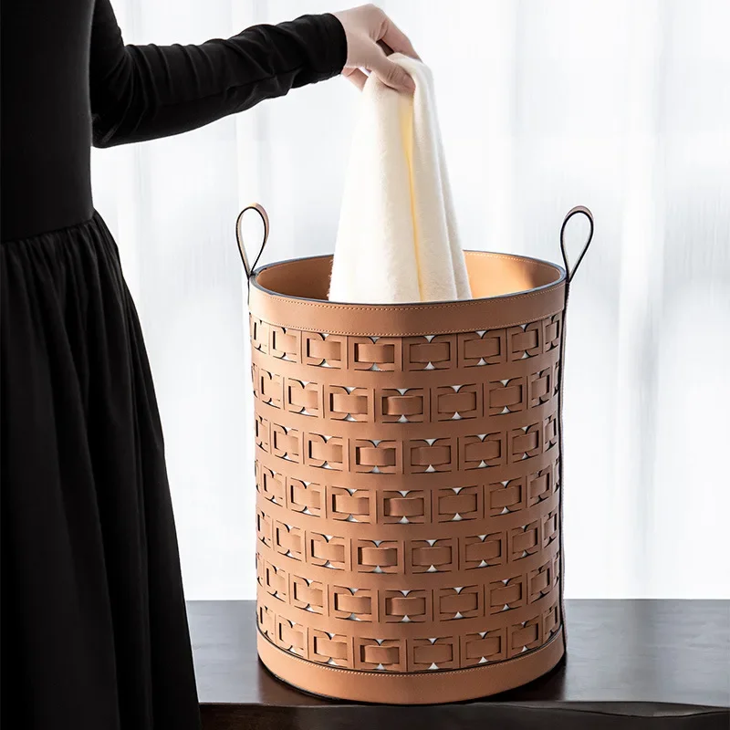 Laundry Basket High-end Leather Laundry Baskets with Handle Nursery Storage Living Room Round for Toy, Clothes, Kids, Bedroom