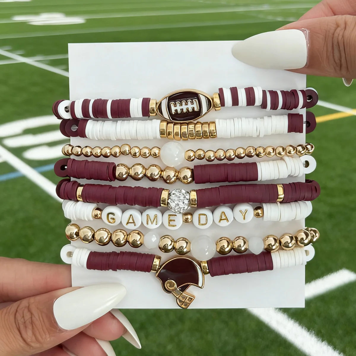 KMVEXO لعبة يوم بوليمر كلاي مطرز كرة الرجبي سوار مجموعات للنساء الرجال رسالة سوار رياضي الإسورة معصمه مجوهرات الحفلات