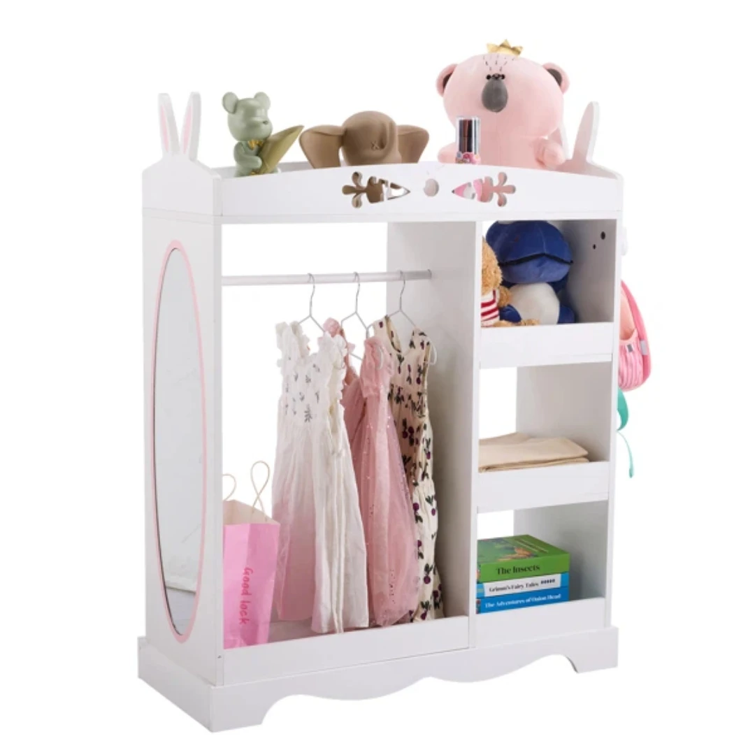

White MDF Particleboard Kids Wardrobe with Mirror, 3 Shelves, Clothes Rod, Rabbit Ear Design for Storage and Organization