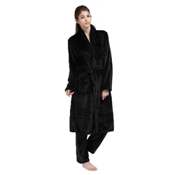 Noble luxury black flannel nightgown plus long thermal bath robe Autumn/Winter homewear pajamas set with trousers