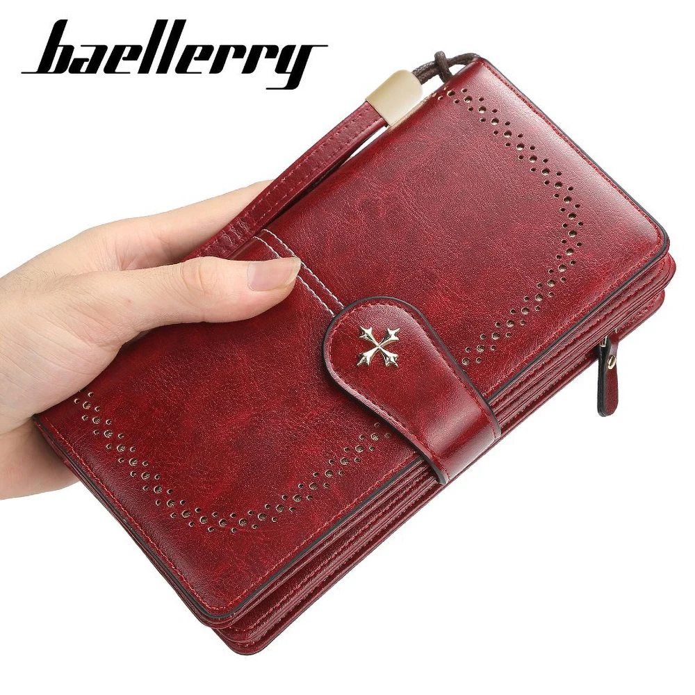 กระเป๋าสตางค์ยาวสำหรับผู้หญิง Baellerry พร้อมซิปคู่ ช่องใส่บัตรหลายช่อง ดีไซน์สร้างสรรค์ กระเป๋าคลัทช์เรียบง่าย ความจุเยอะ พร้อมสายคล้องมือ