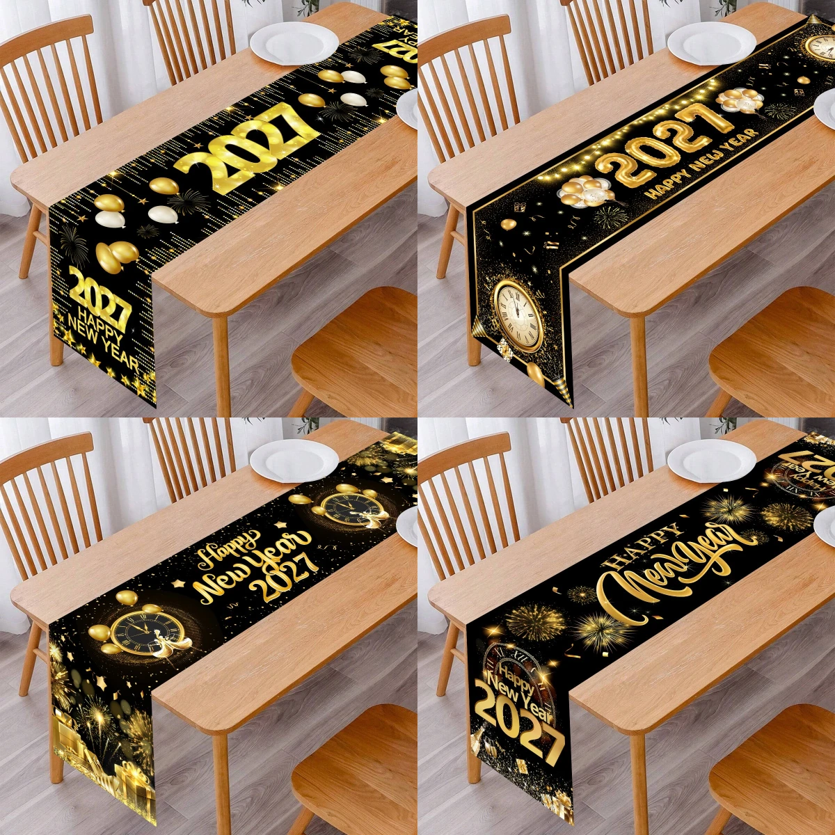 1pc Happy New Year Table Runner Black Gold Glitter Polyester Table Cover 2027 New Year Table Runner for Kitchen Dining Room