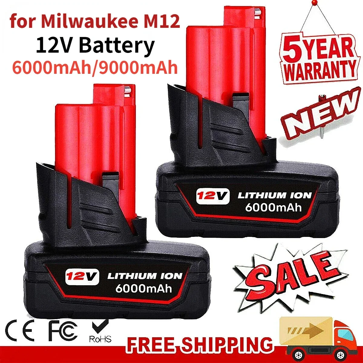 

for Milwaukee M12 12V Battery 6000mAh Li-ion Replacement Batteries Milwaukee M12 Cordless Tools 48-11-2402 48-11-2411 Batteries