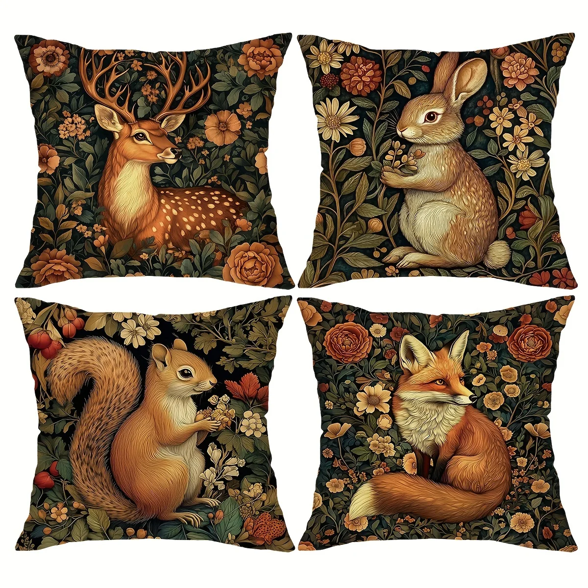 Vintage Floral Animal Print Throw Pillow Covers,Polyester Zippered Cushion Cases with Squirrel, Deer, Rabbit, Fox Designs
