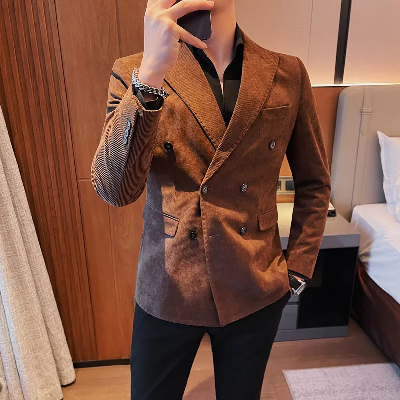 Suit Men Spring Double-breasted Suit Coat Flannel Casual Corduroy