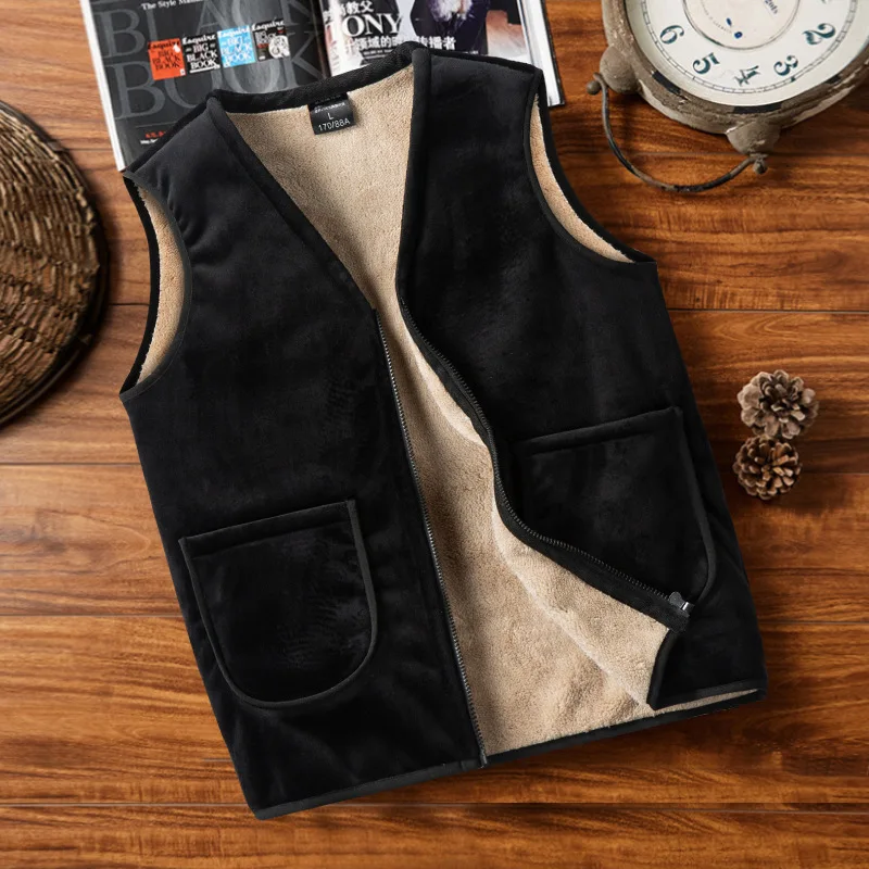 Autumn Mens Fleece-Lined Thickened Silver Fox Fleece Vest Middle-Aged/Elderly Sleeveless Jacket Fleece Vest Outerwear